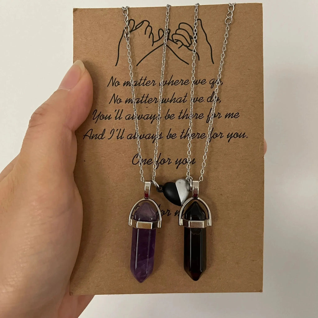 Set of 2 Stone Pendant Necklaces for Couples purple and brown