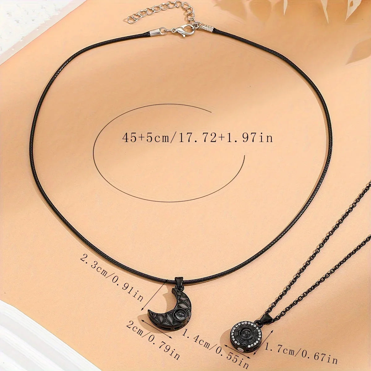Set of 2 Necklaces with Glow-in-the-Dark Moon or Sun Pendant for Couples
