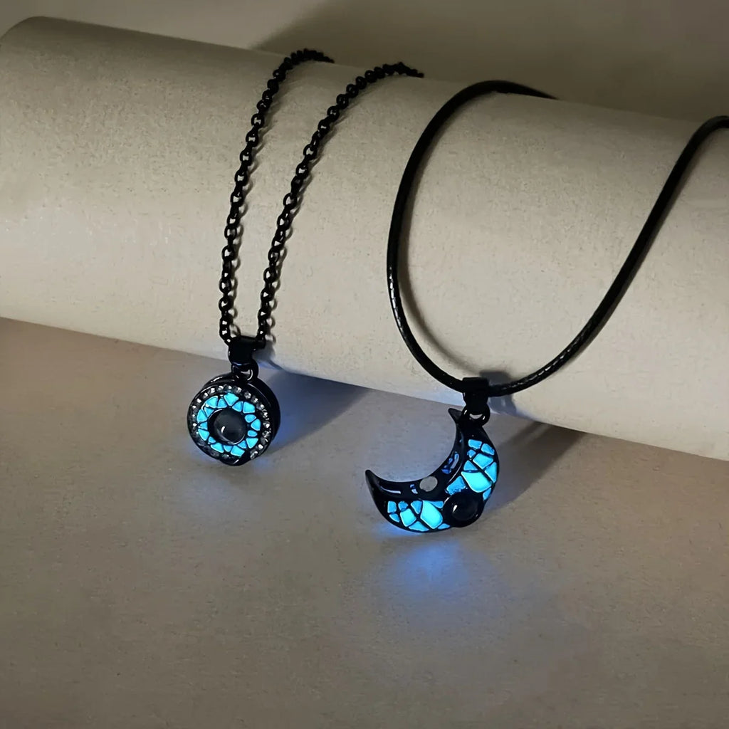 Set of 2 Necklaces with Glow-in-the-Dark Moon or Sun Pendant for Couples