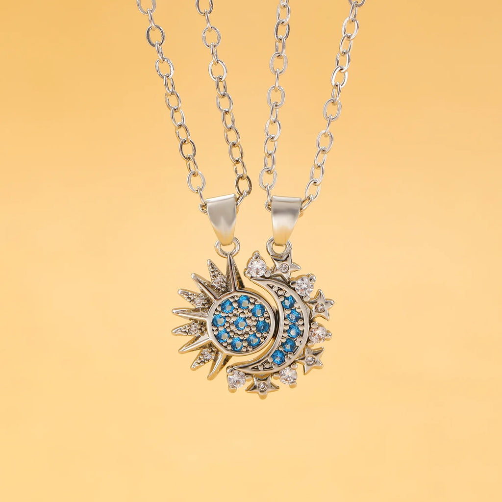 Set of 2 Necklaces with Moon or Sun Zircon Pendant for Couple silver