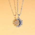 Set of 2 Necklaces with Moon or Sun Zircon Pendant for Couple gold and silver