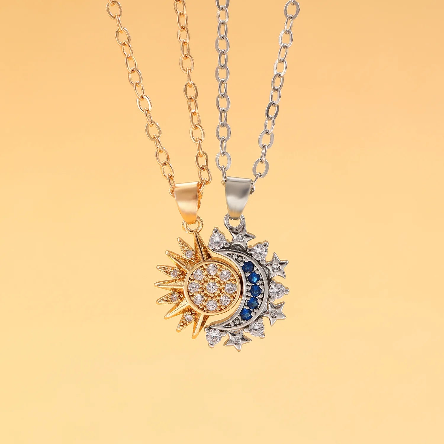 Set of 2 Necklaces with Moon or Sun Zircon Pendant for Couple gold and silver