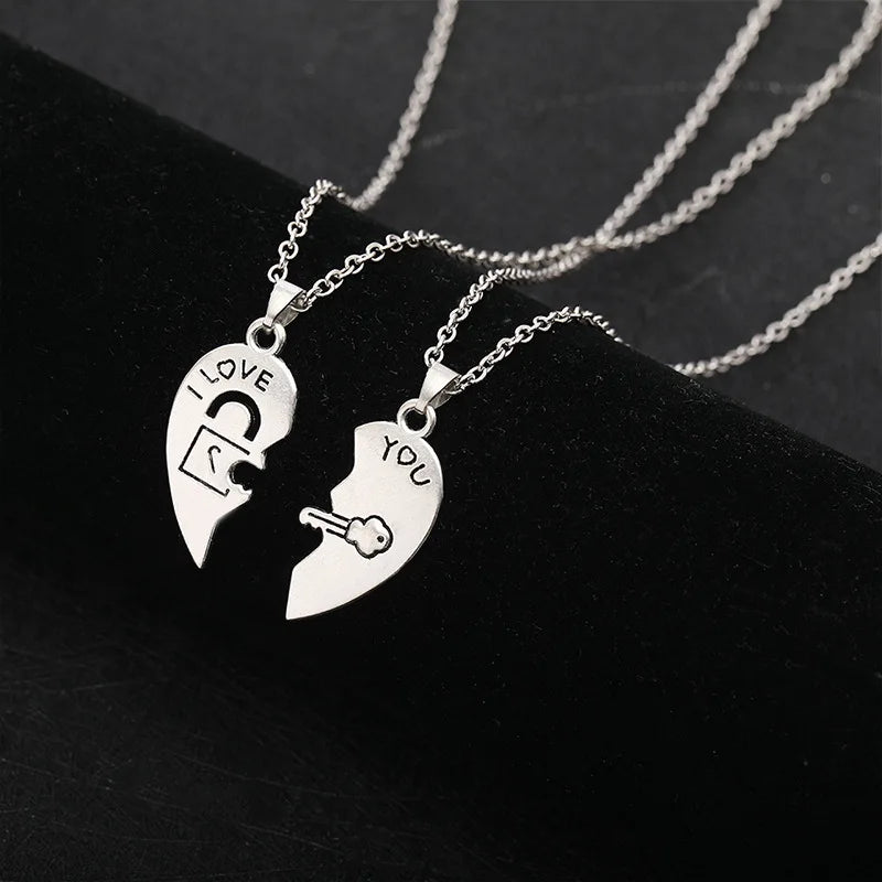 Set of 2 Necklaces with Half-Heart "I Love You" Pendants for a Loving Couple