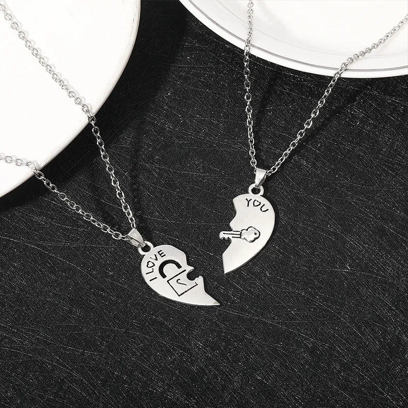 Set of 2 Necklaces with Half-Heart "I Love You" Pendants for a Loving Couple