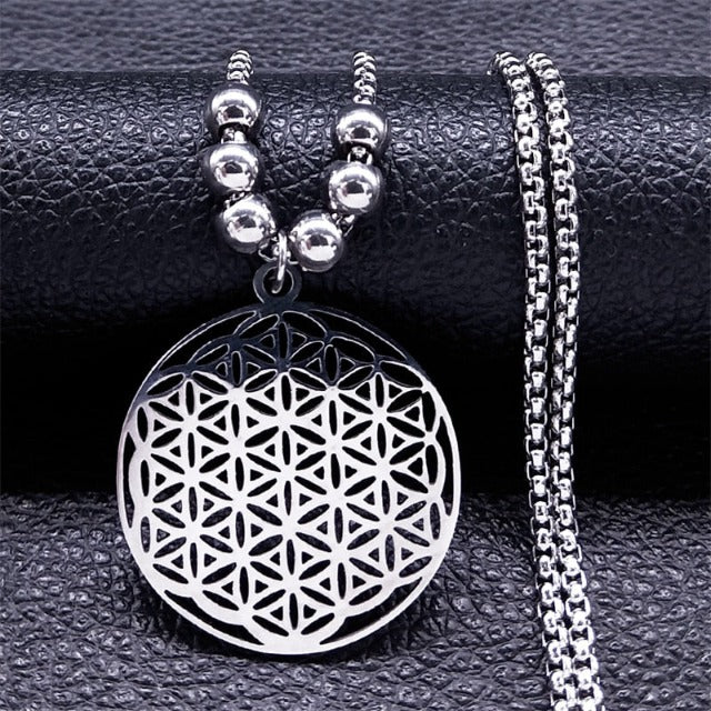 Flower of Life Pendant Beaded Necklace Mandala Men Women Dawapara silver