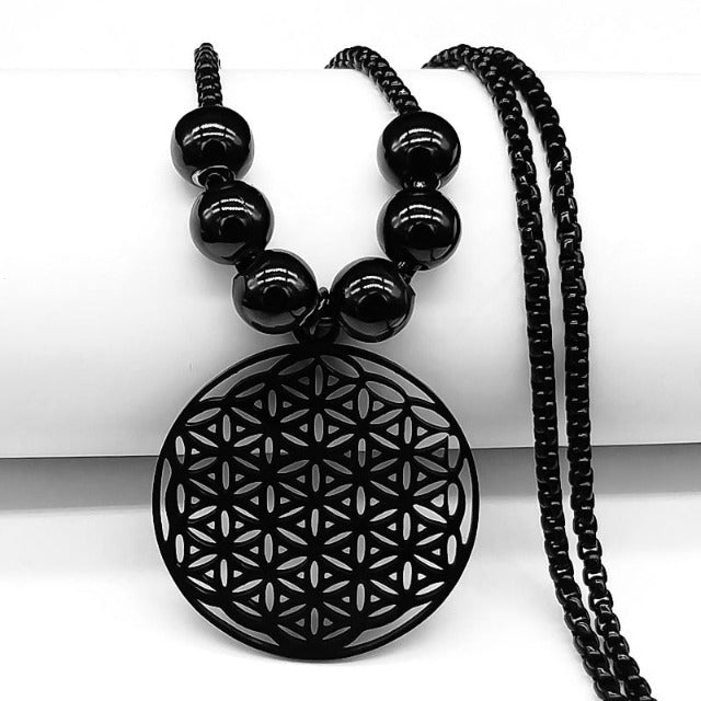 Flower of Life Pendant Beaded Necklace Mandala Men Women Dawapara black